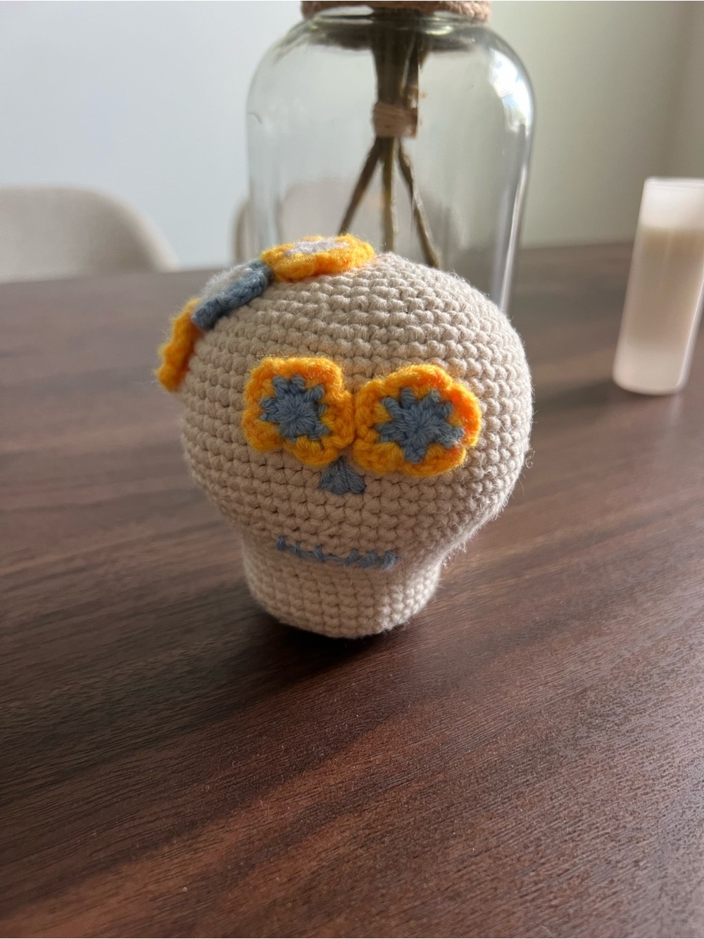 Handmade Crocheted Sugar Skull with Yellow & Blue Flowers